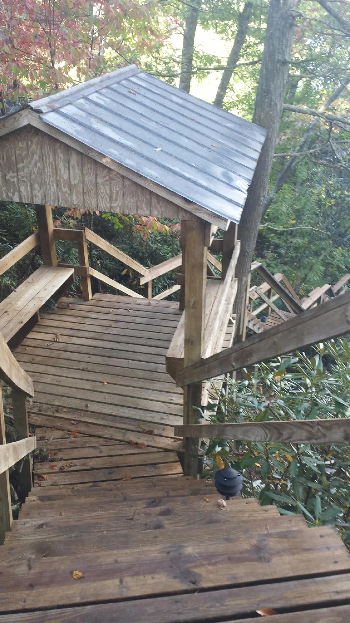 Metal roofed shelter over wooden steps on a wooded walkway — Skylight Repair & Installation work by our crew in Roselle